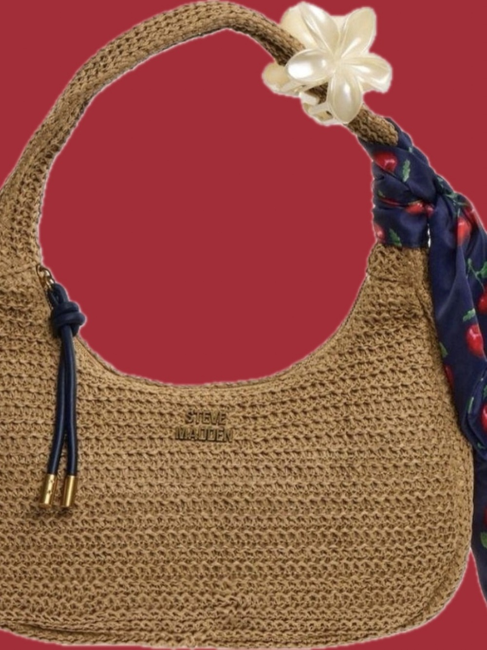 Steve Madden Tan Woven Hobo Shoulder Bag with Navy Scarf Accent